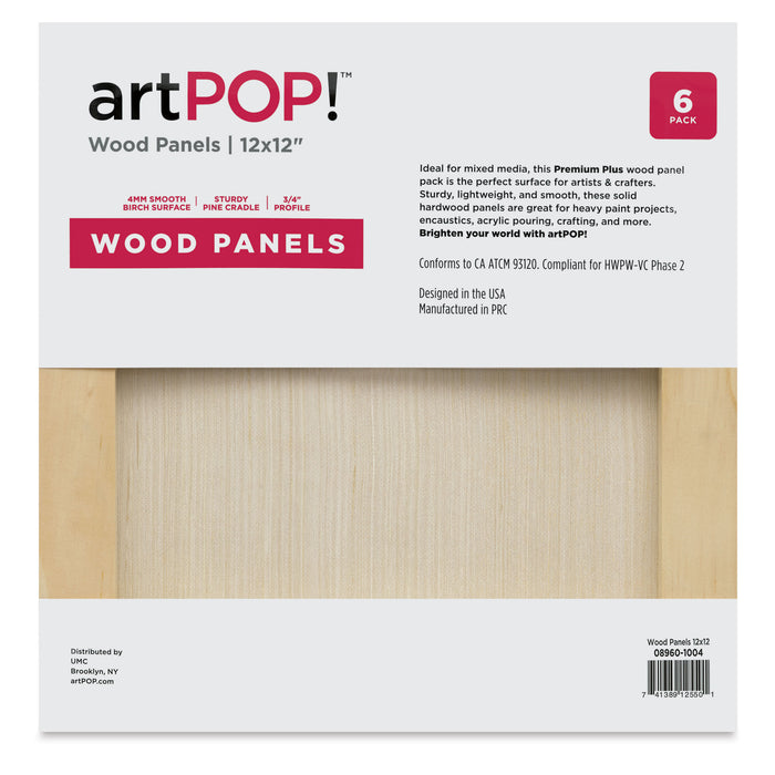 artPOP! Wood Panel Pack - 12" x 12", Pkg of 6 (Back of packaging)