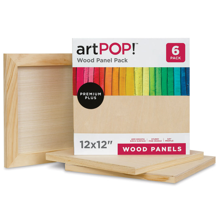 artPOP! Wood Panel Pack - 12" x 12", Pkg of 6 (In and out of packaging)