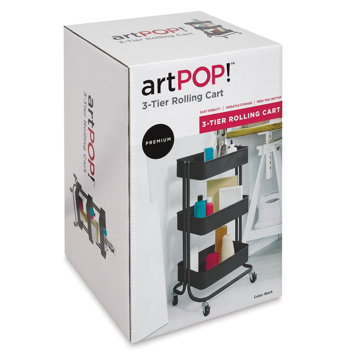 artPOP! 3-Tier Rolling Cart - Black (Front of packaging, Angled)