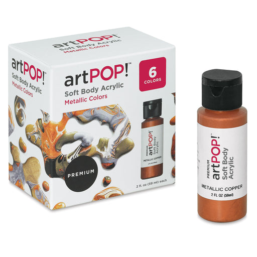 artPOP! Soft Body Acrylic Paint Sets - Set of 6, Metallic Colors, 2 oz bottles (Metallic copper bottle next to package) View 1