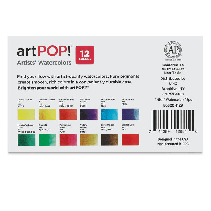 artPOP! Watercolor Half Pan Sets - Set of 12, Half Pans (Back of packaging)
