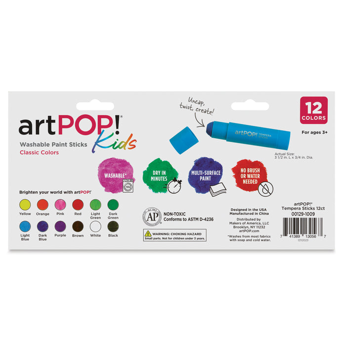 artPOP! Kids Washable Paint Stick Set of 12, Classic Colors, back of packaging