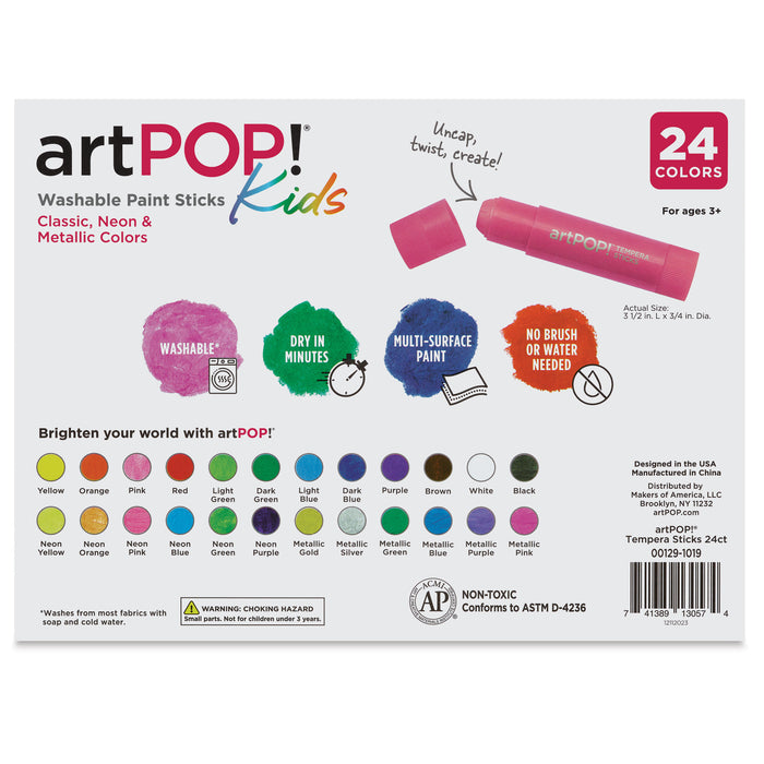 Kids Washable Paint Stick Set of 24, Classic, Neon, and Metallic Colors, back of packaging