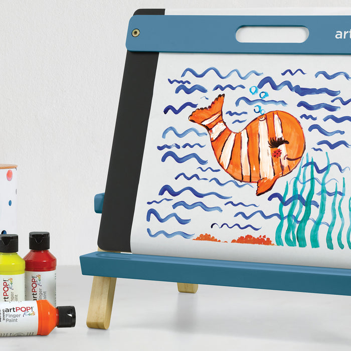 artPOP! Kids 3-in-1 Tabletop Easel - Ocean Blue, rainbow artwork complete on tabletop easel