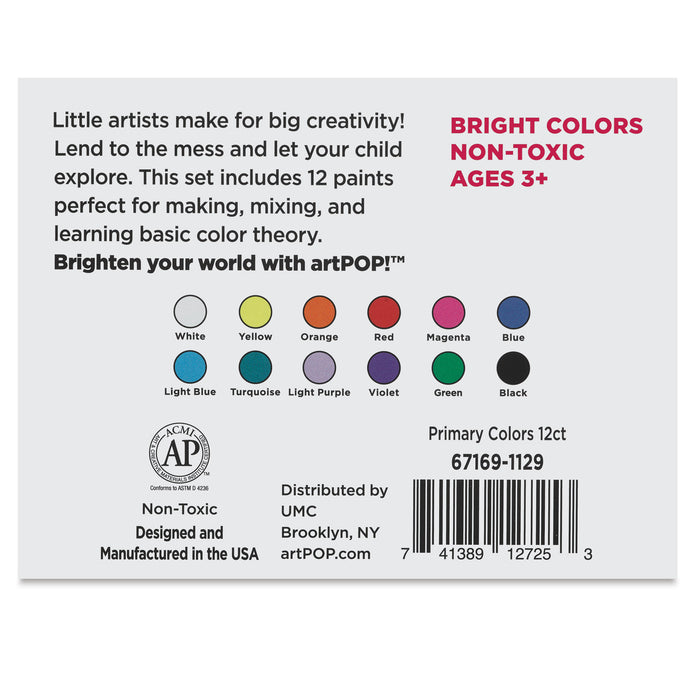 artPOP! Kids Tempera Paint Set - Set of 12 (Back of package)