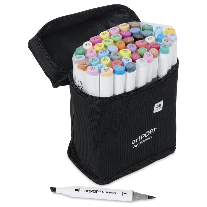 artPOP! Chisel and Brush Dual Tip Alcohol Marker Set - Set of 49, Pastel, single marker next to open packaging