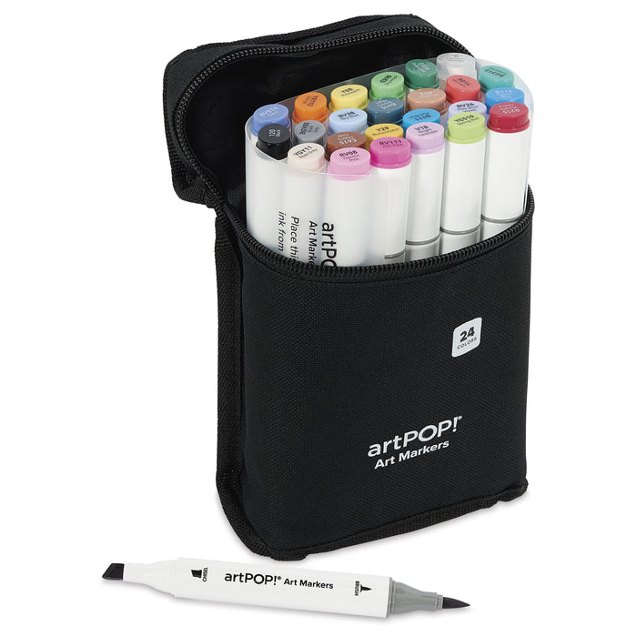 artPOP! Chisel and Brush Dual Tip Alcohol Marker Set - Set of 25, Assorted, single marker next to packaging