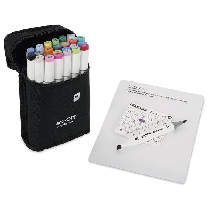 artPOP! Chisel and Brush Dual Tip Alcohol Marker Set - Set of 25, Assorted, swatch card and open packaging