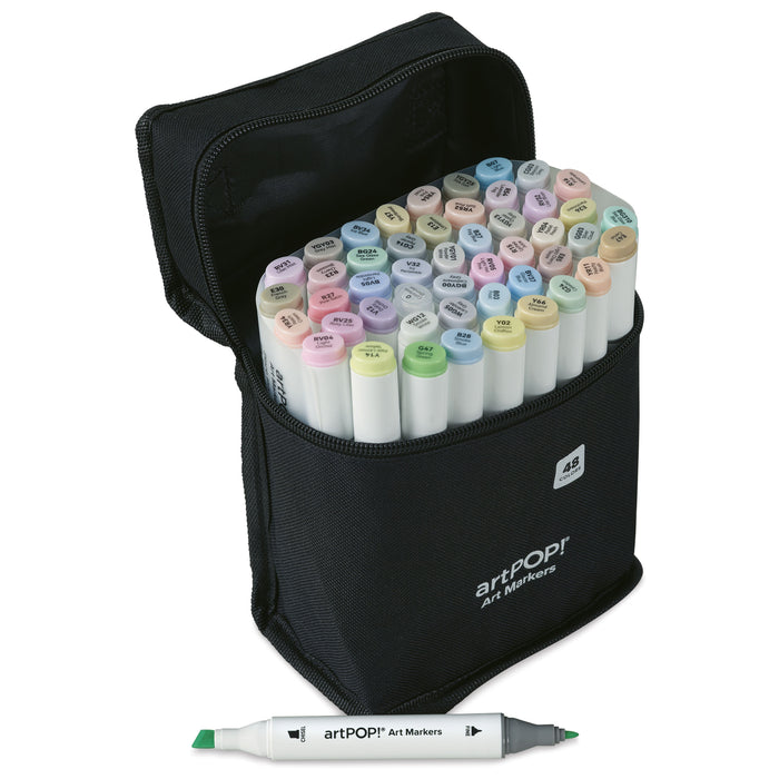 artPOP! Chisel and Fine Dual Tip Alcohol Marker Set - Set of 49, Pastel, single marker next to open packaging