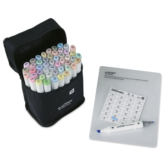 artPOP! Chisel and Fine Dual Tip Alcohol Marker Set - Set of 49, Pastel, swatch card next to packaging