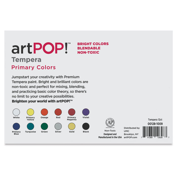 artPOP! Tempera Paint Set - Set of 12 (Back of packaging)