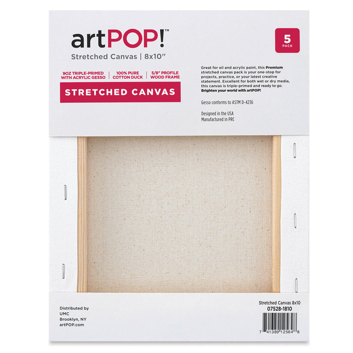 artPOP! Stretched Canvas Pack - 8" x 10", Pkg of 5 (Back of packaging)