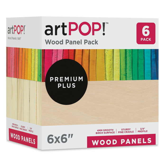 artPOP! Wood Panel Pack - 6" x 6", Pkg of 6 (In packaging, angled)