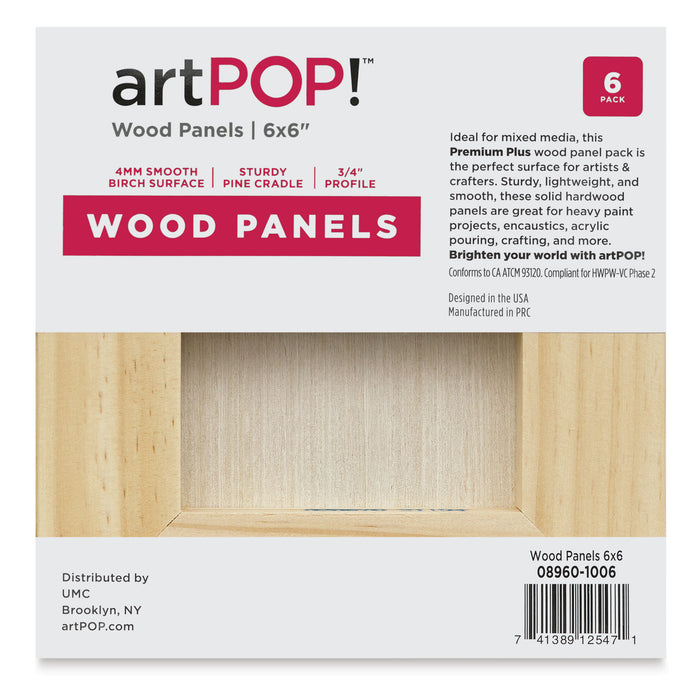 artPOP! Wood Panel Pack - 6" x 6", Pkg of 6 (Back of packaging)