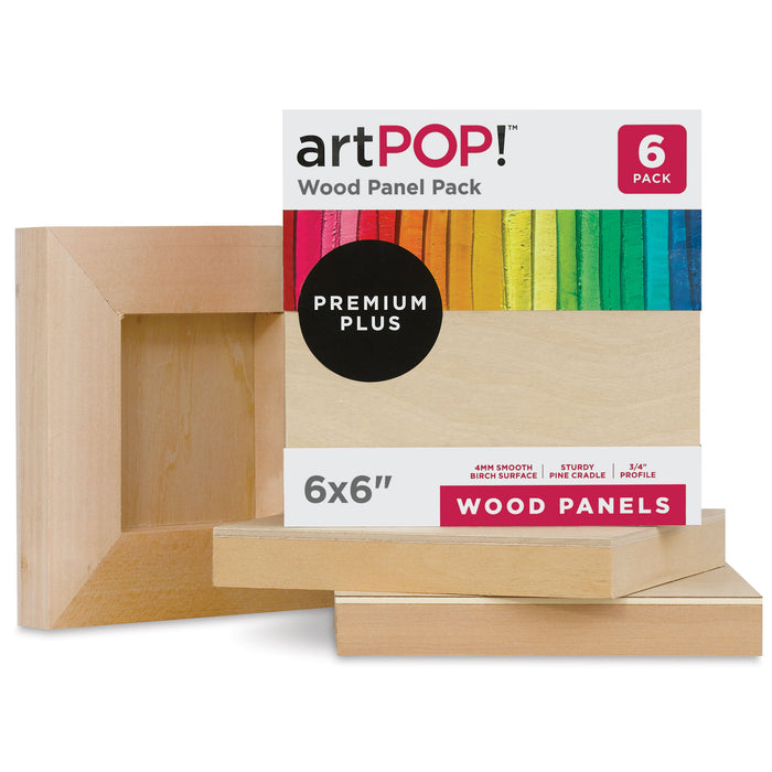 artPOP! Wood Panel Pack - 6" x 6", Pkg of 6 (In and out of packaging)