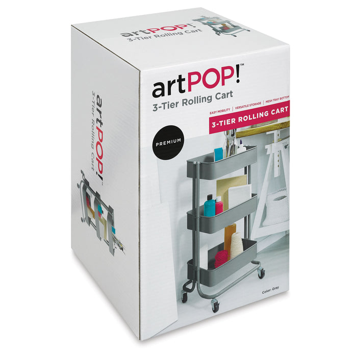 artPOP! 3-Tier Rolling Cart - Gray (Front of packaging, Angled)