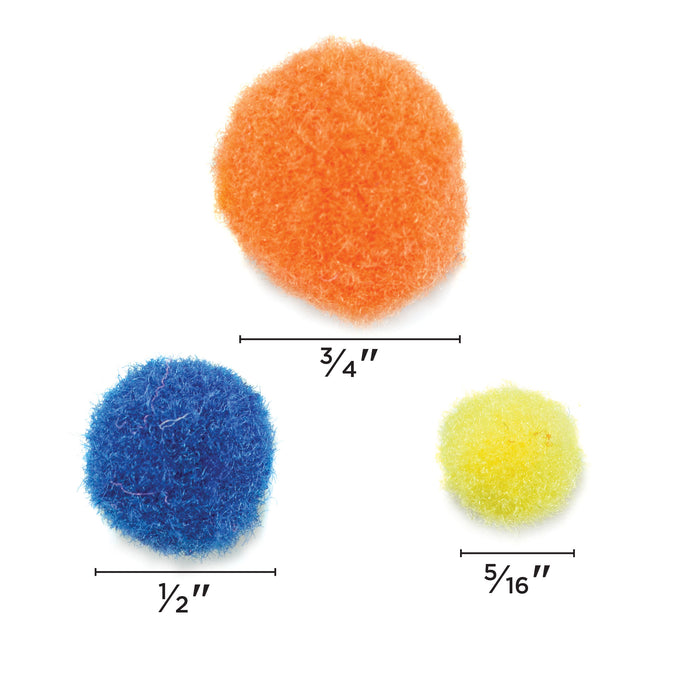Assorted Poms - Multicolor (three included sizes with measurements)