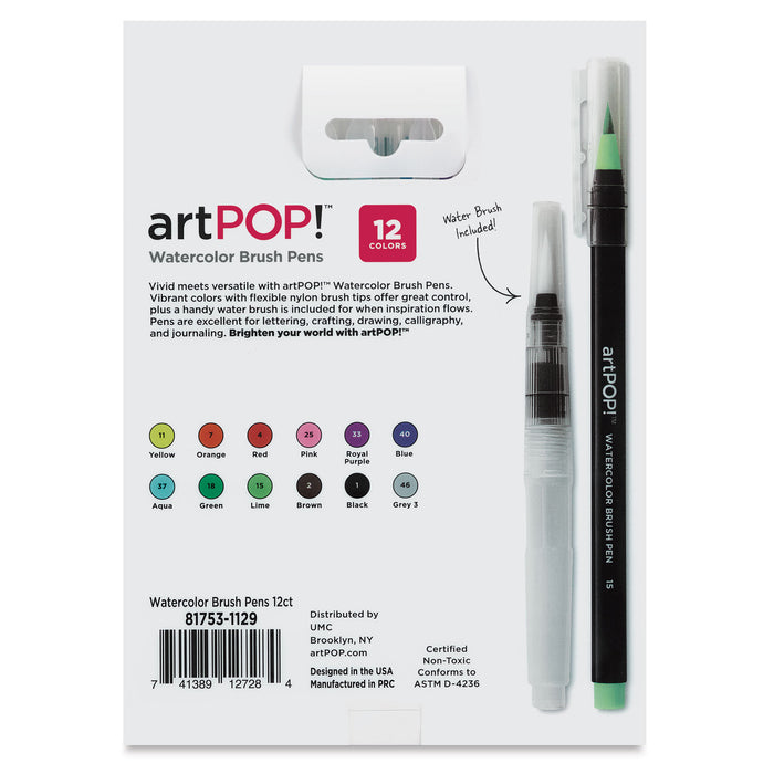 artPOP! Watercolor Brush Pens - Set of 12 (Back of package)