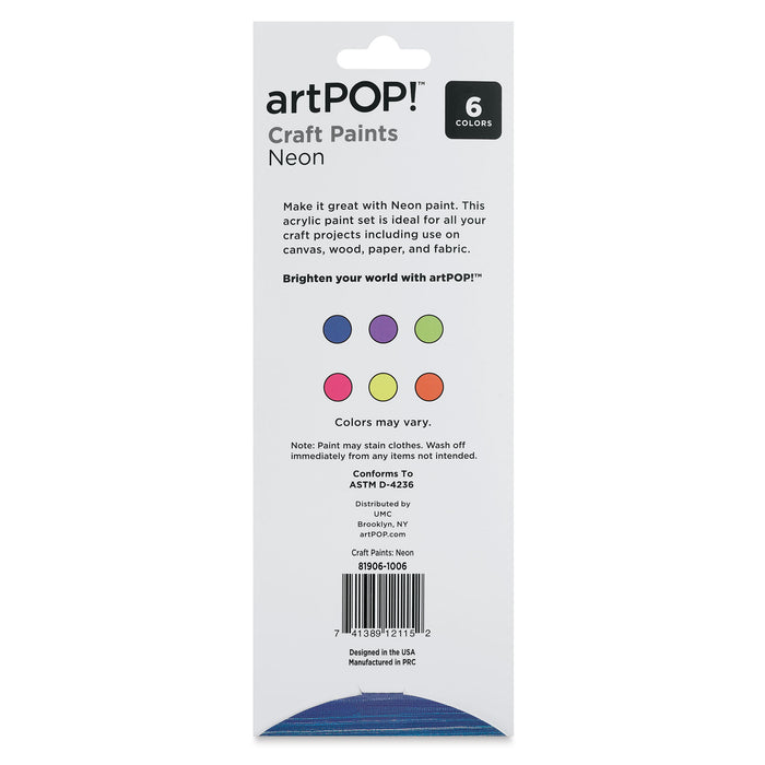 artPOP! Craft Paint Set - Set of 6, Neon Colors, 2.5 ml (Back of packaging)