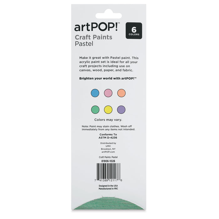 artPOP! Craft Paint Set- Set of 6, Pastel Colors, 2.5 ml (Back of packaging)