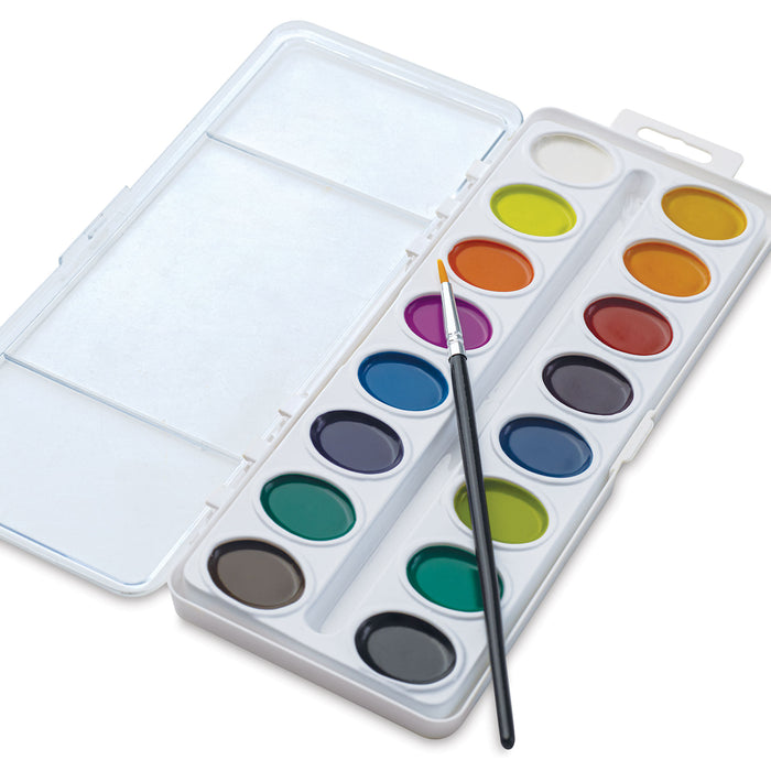 artPOP! Watercolor Pan Set - Oval Pan, Set of 16 (close up of watercolors and brush)