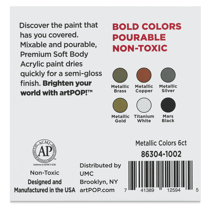 artPOP! Soft Body Acrylic Paint Sets - Set of 6, Metallic Colors, 2 oz bottles (Back of packaging)
