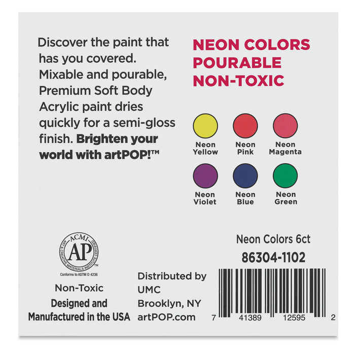 artPOP! Soft Body Acrylic Paint Sets - Set of 6, Neon Colors, 2 oz bottles (Back of packaging)