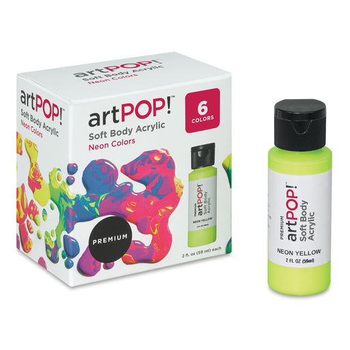 artPOP! Soft Body Acrylic Paint Sets - Set of 6, Neon Colors, 2 oz bottles (Neon yellow bottle out of packaging) View 1