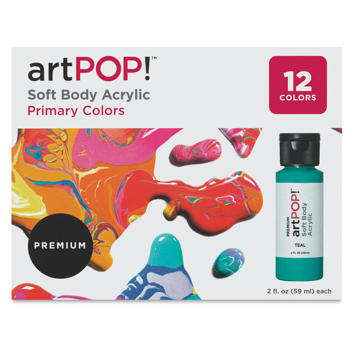 artPOP! Soft Body Acrylic Paint Sets - Set of 12, Primary Colors, 2 oz bottles (Front of packaging)
