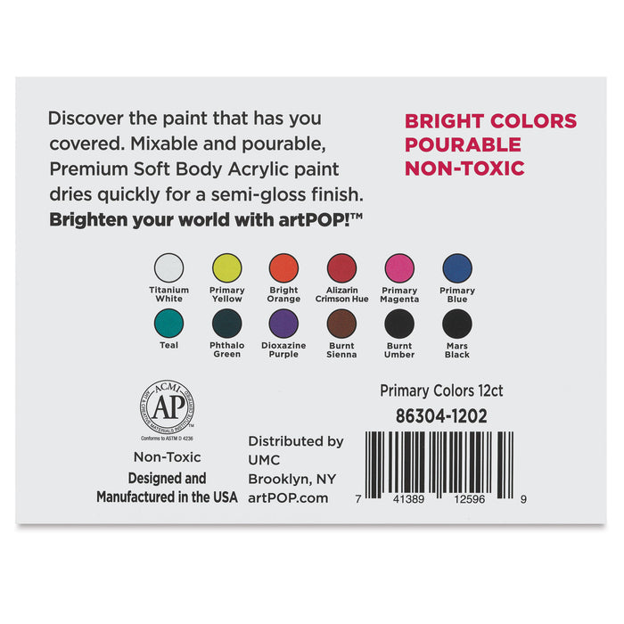 Soft Body Acrylic Paint - Set of 12, Primary Colors