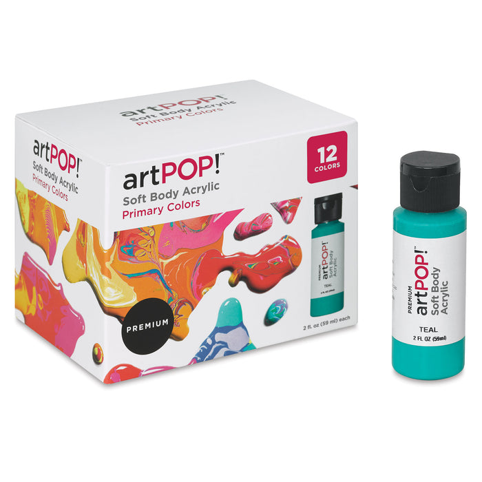 artPOP! Soft Body Acrylic Paint Sets - Set of 12, Primary Colors, 2 oz bottles (Teal bottle next to package)