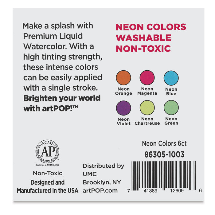 artPOP! Liquid Watercolor Sets - Set of 6, Neon Colors, 2 oz (Back of package)